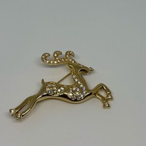 Gold Tone Rhinestone Reindeer Brooch 2” Vintage